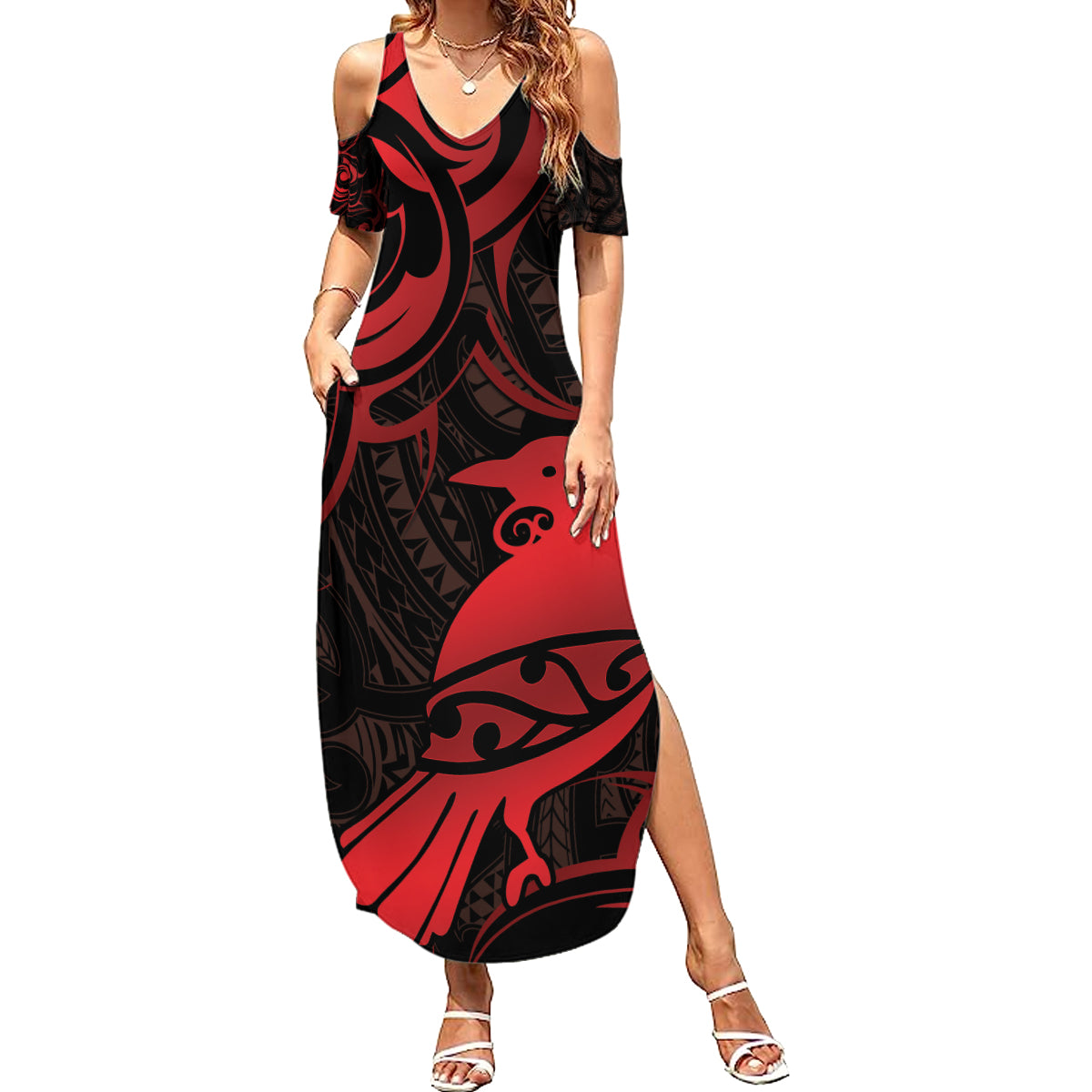 New Zealand Tui Bird Family Matching Summer Maxi Dress and Hawaiian Shirt Aotearoa Maori Pattern - Red LT14 Mom's Dress Red - Polynesian Pride