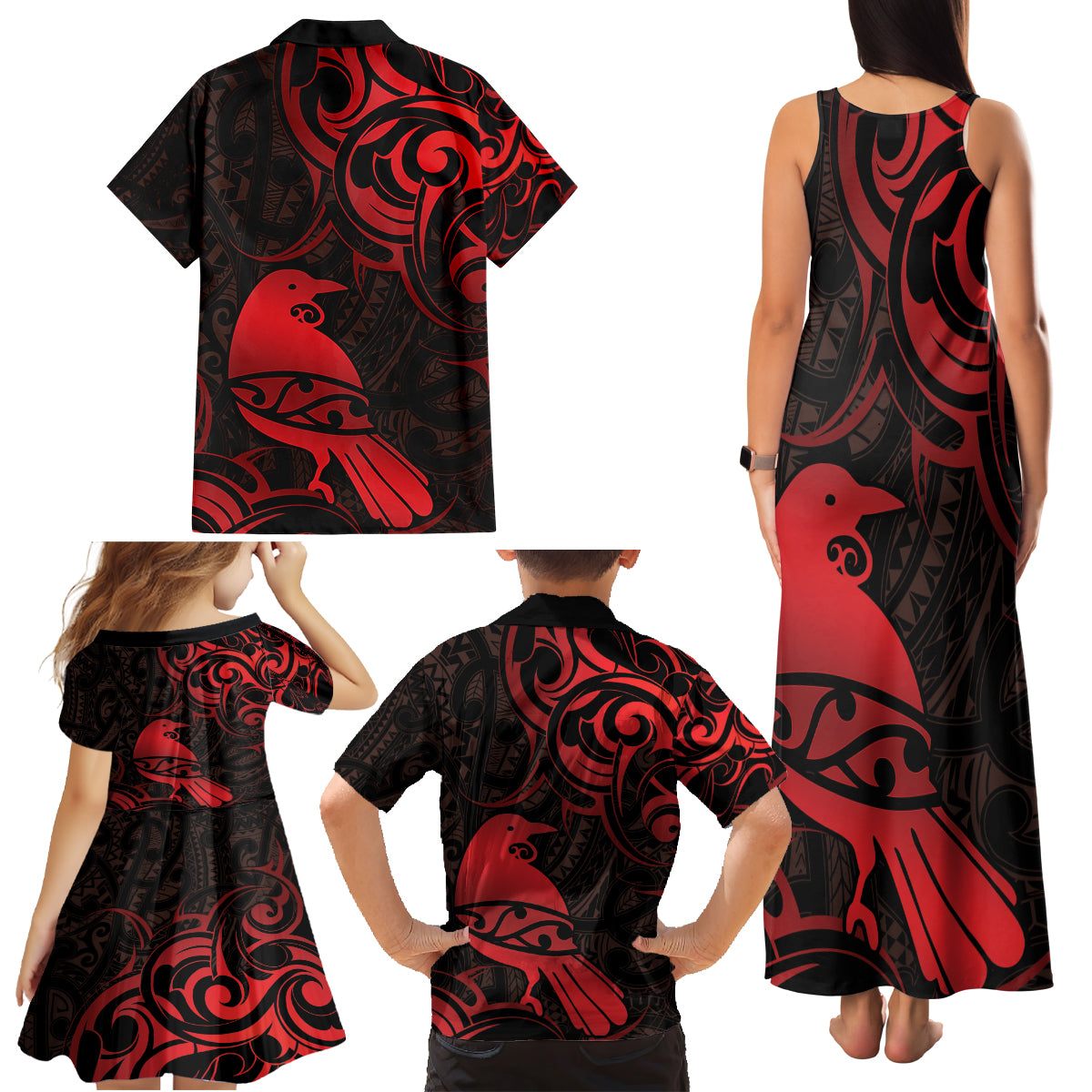 New Zealand Tui Bird Family Matching Tank Maxi Dress and Hawaiian Shirt Aotearoa Maori Pattern - Red LT14 - Polynesian Pride