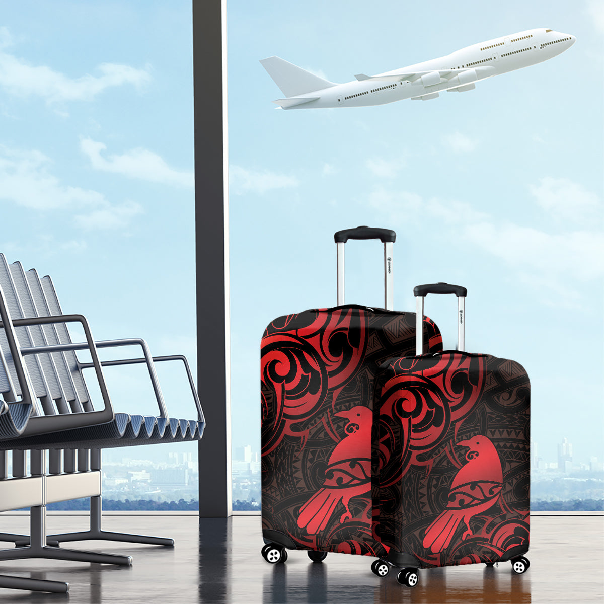 New Zealand Tui Bird Luggage Cover Aotearoa Maori Pattern - Red