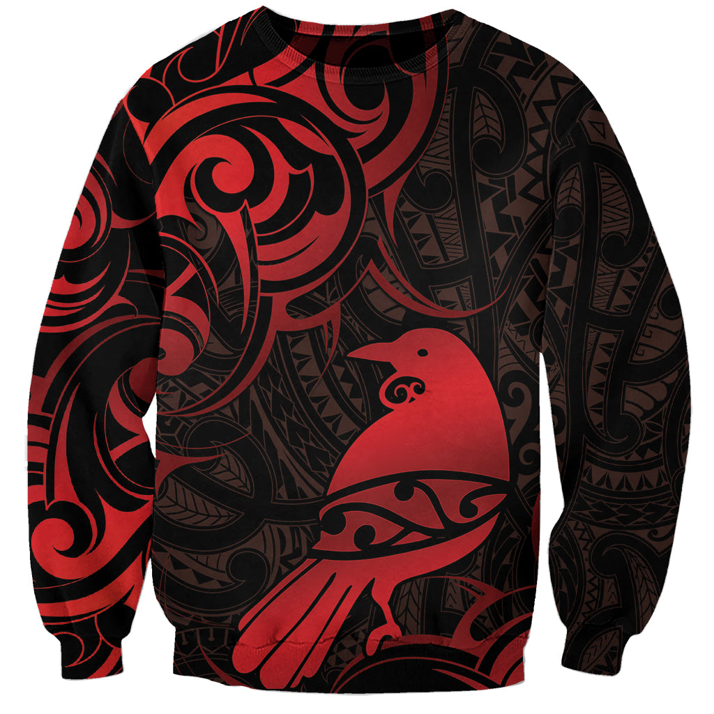New Zealand Tui Bird Sweatshirt Aotearoa Maori Pattern - Red