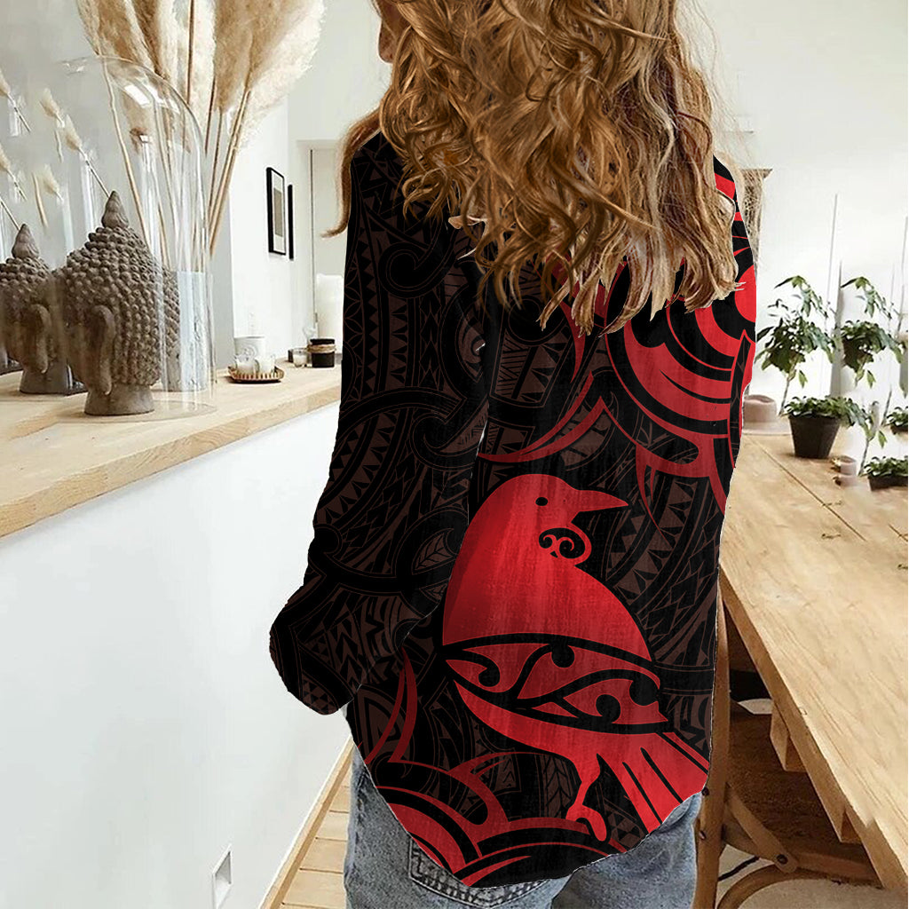 New Zealand Tui Bird Women Casual Shirt Aotearoa Maori Pattern - Red