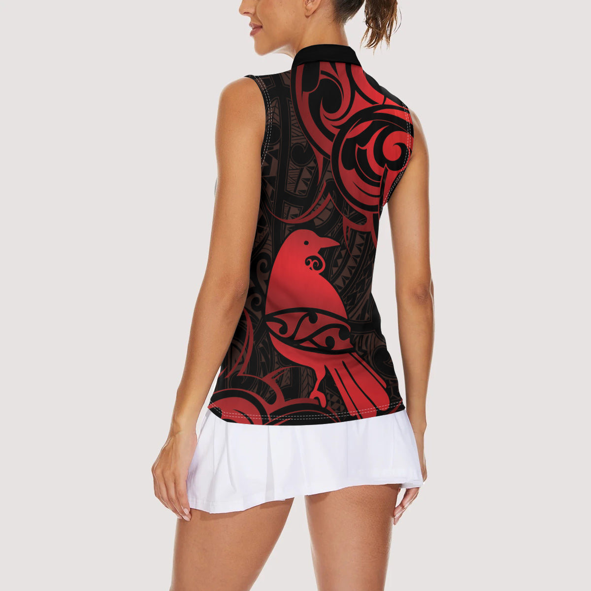 New Zealand Tui Bird Women Sleeveless Polo Shirt Aotearoa Maori Pattern - Red