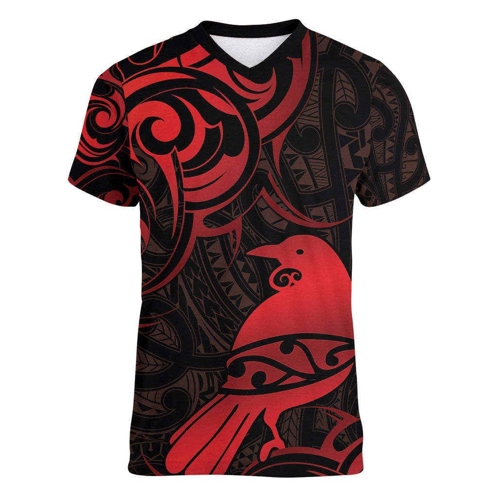 New Zealand Tui Bird Women V-Neck T-Shirt Aotearoa Maori Pattern - Red