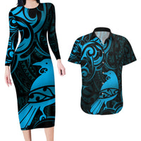 New Zealand Tui Bird Couples Matching Long Sleeve Bodycon Dress and Hawaiian Shirt Aotearoa Maori Pattern - Blue LT14 Blue - Polynesian Pride