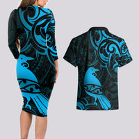 New Zealand Tui Bird Couples Matching Long Sleeve Bodycon Dress and Hawaiian Shirt Aotearoa Maori Pattern - Blue LT14 - Polynesian Pride
