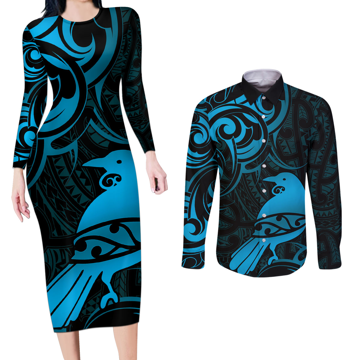 New Zealand Tui Bird Couples Matching Long Sleeve Bodycon Dress and Long Sleeve Button Shirt Aotearoa Maori Pattern - Blue