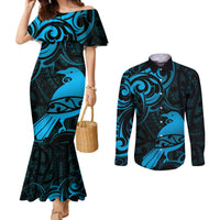 New Zealand Tui Bird Couples Matching Mermaid Dress and Long Sleeve Button Shirt Aotearoa Maori Pattern - Blue