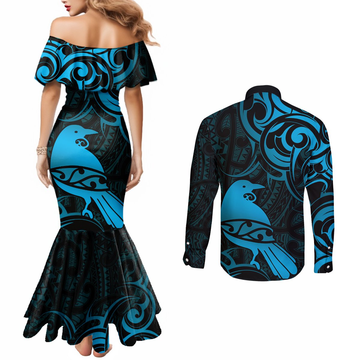 New Zealand Tui Bird Couples Matching Mermaid Dress and Long Sleeve Button Shirt Aotearoa Maori Pattern - Blue