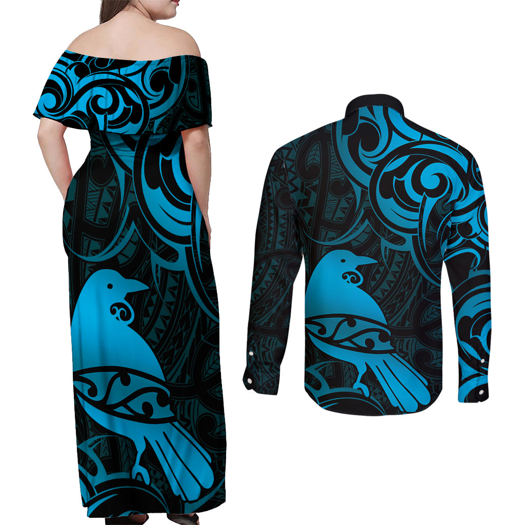 New Zealand Tui Bird Couples Matching Off Shoulder Maxi Dress and Long Sleeve Button Shirt Aotearoa Maori Pattern - Blue