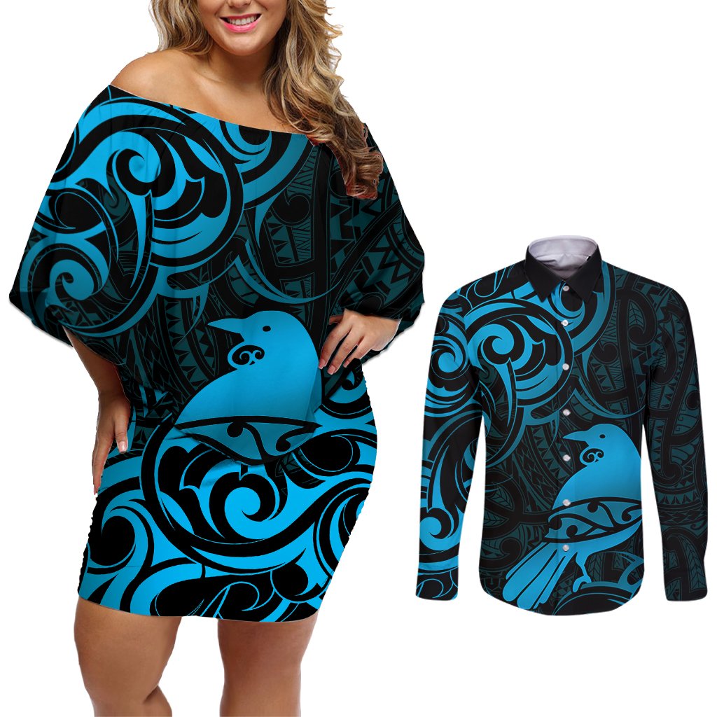 New Zealand Tui Bird Couples Matching Off Shoulder Short Dress and Long Sleeve Button Shirt Aotearoa Maori Pattern - Blue