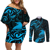 New Zealand Tui Bird Couples Matching Off Shoulder Short Dress and Long Sleeve Button Shirt Aotearoa Maori Pattern - Blue