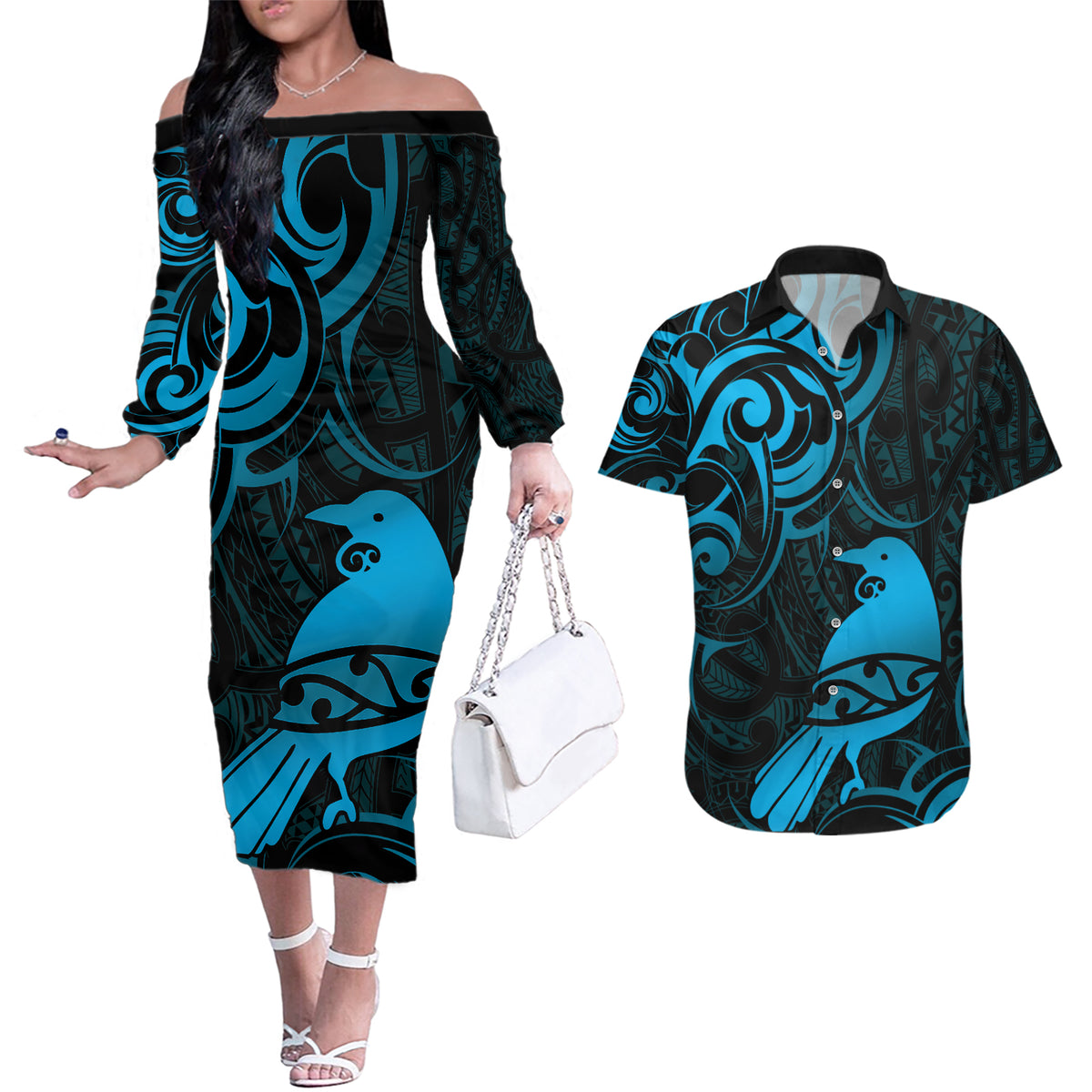 New Zealand Tui Bird Couples Matching Off The Shoulder Long Sleeve Dress and Hawaiian Shirt Aotearoa Maori Pattern - Blue LT14 Blue - Polynesian Pride