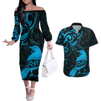 New Zealand Tui Bird Couples Matching Off The Shoulder Long Sleeve Dress and Hawaiian Shirt Aotearoa Maori Pattern - Blue LT14 Blue - Polynesian Pride