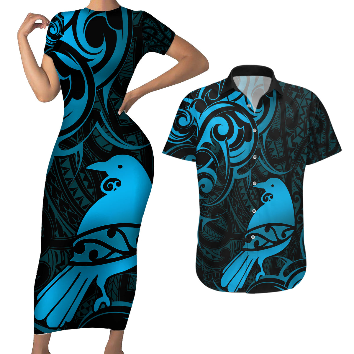 New Zealand Tui Bird Couples Matching Short Sleeve Bodycon Dress and Hawaiian Shirt Aotearoa Maori Pattern - Blue LT14 Blue - Polynesian Pride