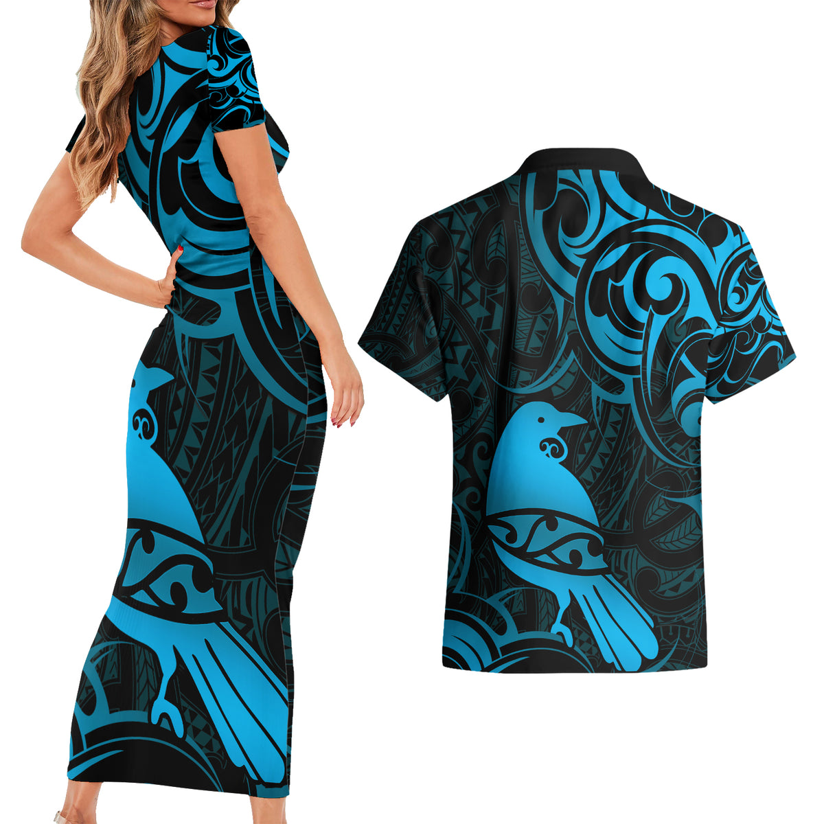 New Zealand Tui Bird Couples Matching Short Sleeve Bodycon Dress and Hawaiian Shirt Aotearoa Maori Pattern - Blue LT14 - Polynesian Pride