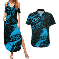 New Zealand Tui Bird Couples Matching Summer Maxi Dress and Hawaiian Shirt Aotearoa Maori Pattern - Blue