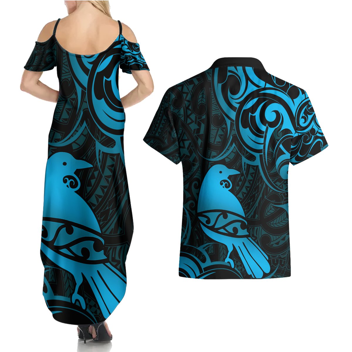 New Zealand Tui Bird Couples Matching Summer Maxi Dress and Hawaiian Shirt Aotearoa Maori Pattern - Blue