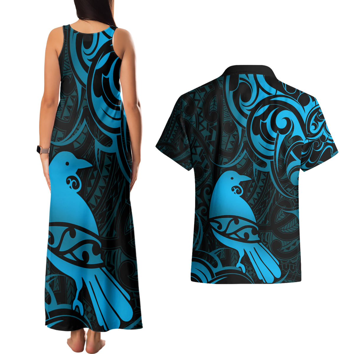 New Zealand Tui Bird Couples Matching Tank Maxi Dress and Hawaiian Shirt Aotearoa Maori Pattern - Blue