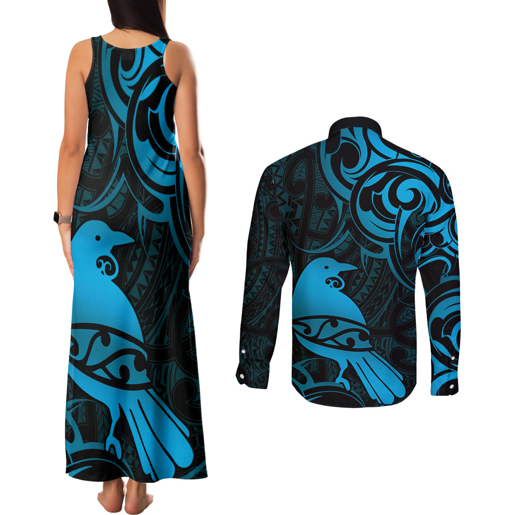 New Zealand Tui Bird Couples Matching Tank Maxi Dress and Long Sleeve Button Shirt Aotearoa Maori Pattern - Blue
