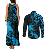 New Zealand Tui Bird Couples Matching Tank Maxi Dress and Long Sleeve Button Shirt Aotearoa Maori Pattern - Blue