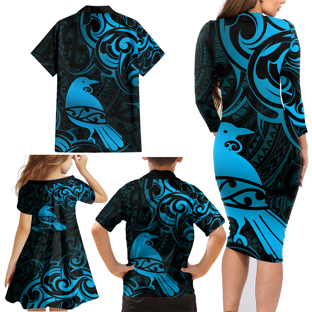 New Zealand Tui Bird Family Matching Long Sleeve Bodycon Dress and Hawaiian Shirt Aotearoa Maori Pattern - Blue LT14 - Polynesian Pride