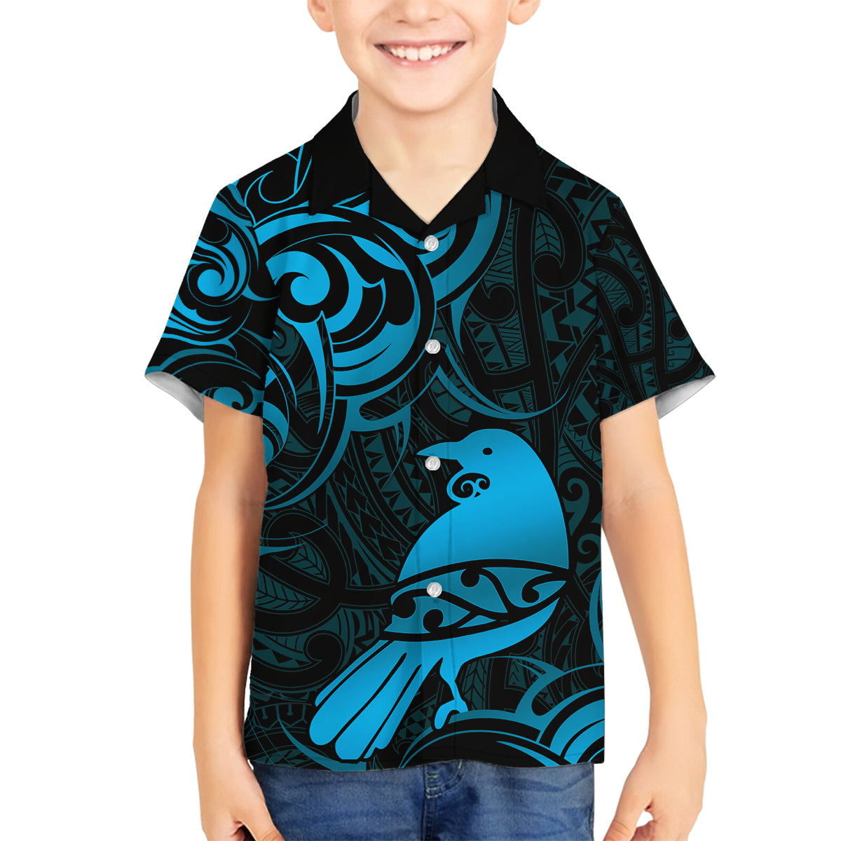 New Zealand Tui Bird Family Matching Long Sleeve Bodycon Dress and Hawaiian Shirt Aotearoa Maori Pattern - Blue LT14 Son's Shirt Blue - Polynesian Pride