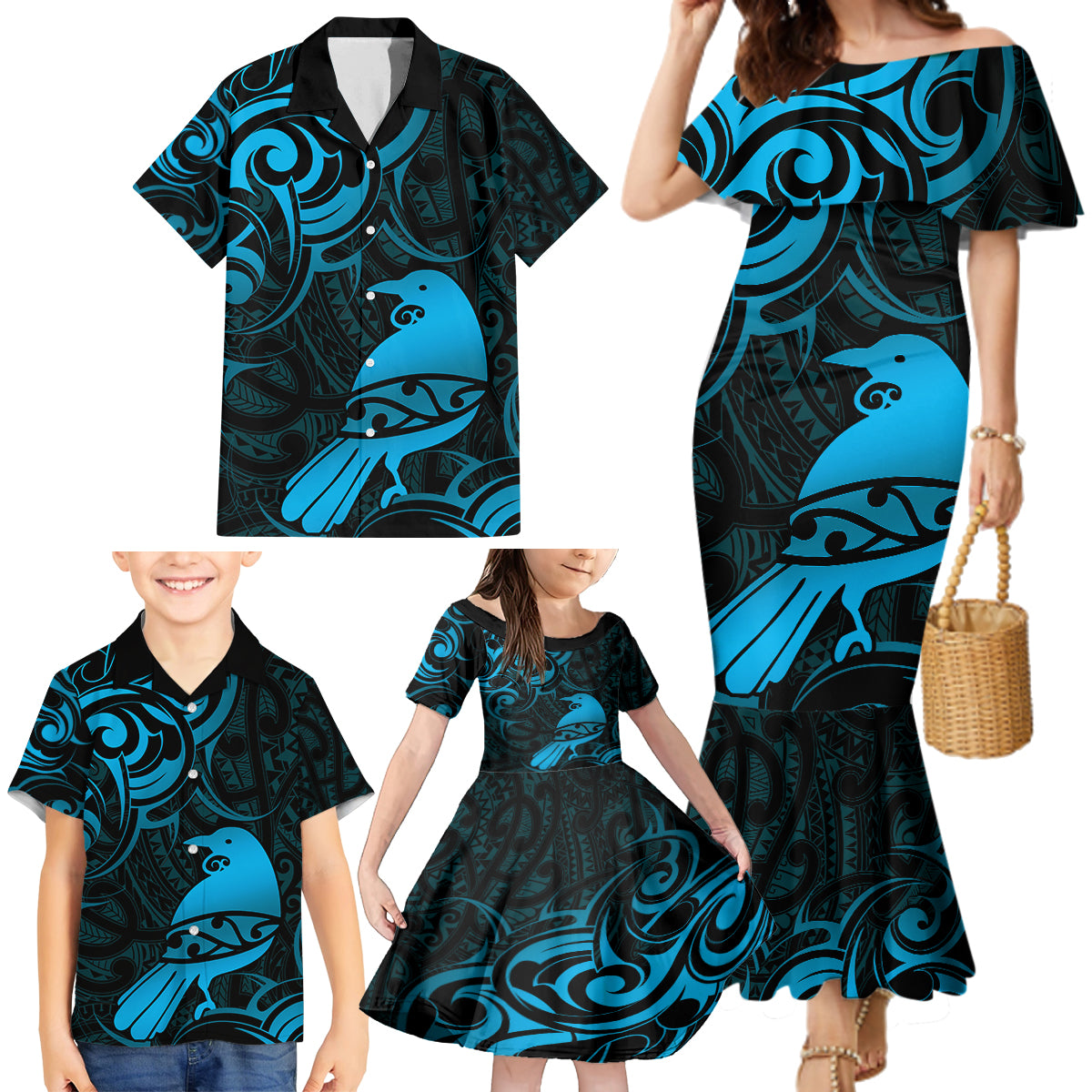New Zealand Tui Bird Family Matching Mermaid Dress and Hawaiian Shirt Aotearoa Maori Pattern - Blue LT14 - Polynesian Pride