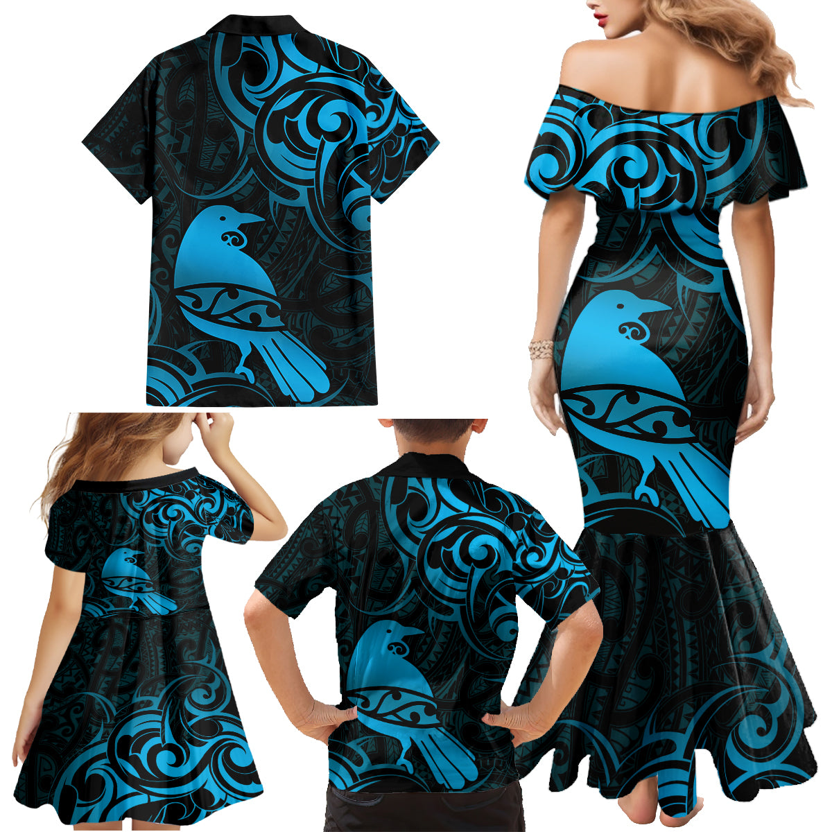 New Zealand Tui Bird Family Matching Mermaid Dress and Hawaiian Shirt Aotearoa Maori Pattern - Blue LT14 - Polynesian Pride