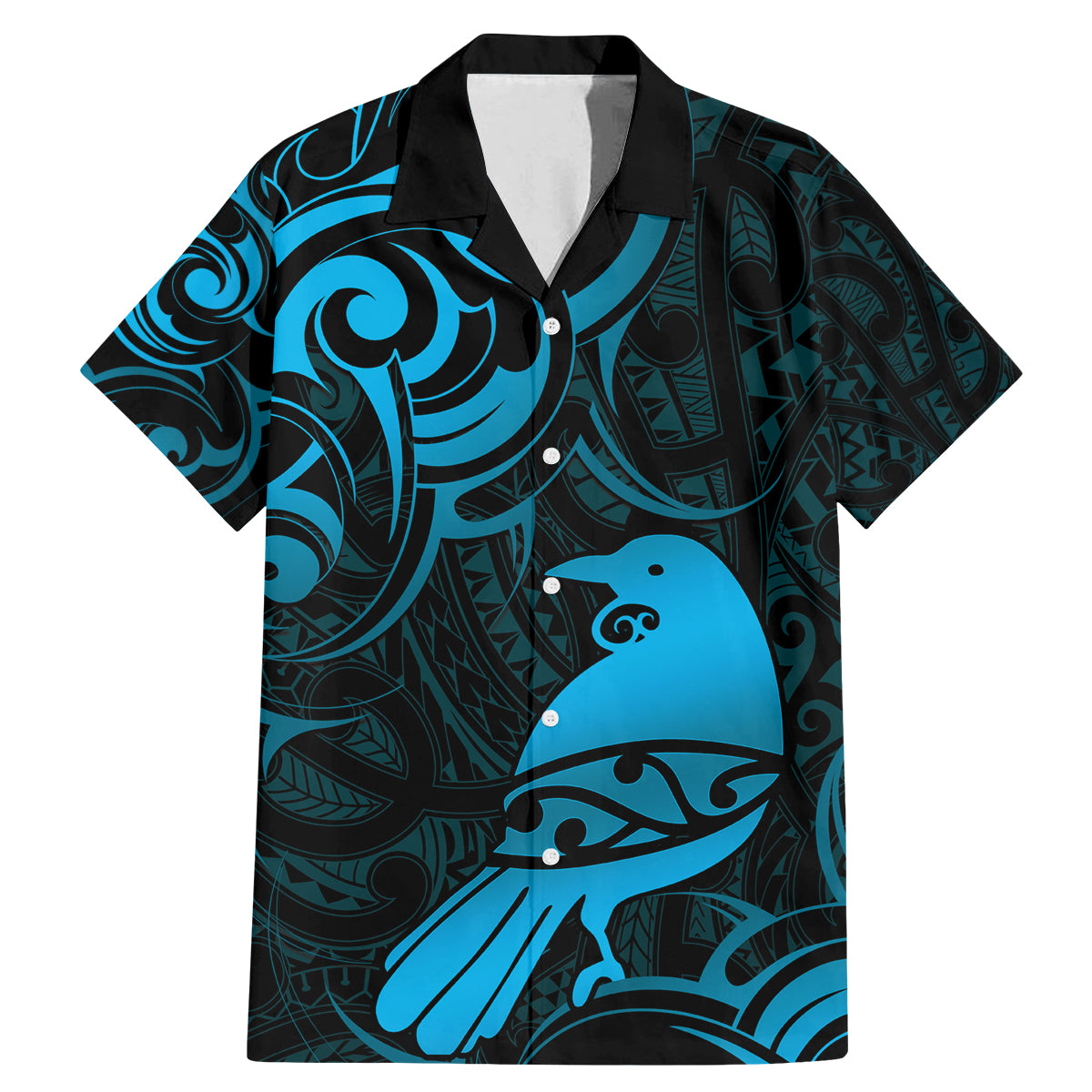 New Zealand Tui Bird Family Matching Mermaid Dress and Hawaiian Shirt Aotearoa Maori Pattern - Blue LT14 Dad's Shirt - Short Sleeve Blue - Polynesian Pride