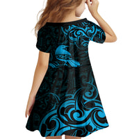 New Zealand Tui Bird Family Matching Off The Shoulder Long Sleeve Dress and Hawaiian Shirt Aotearoa Maori Pattern - Blue LT14 - Polynesian Pride