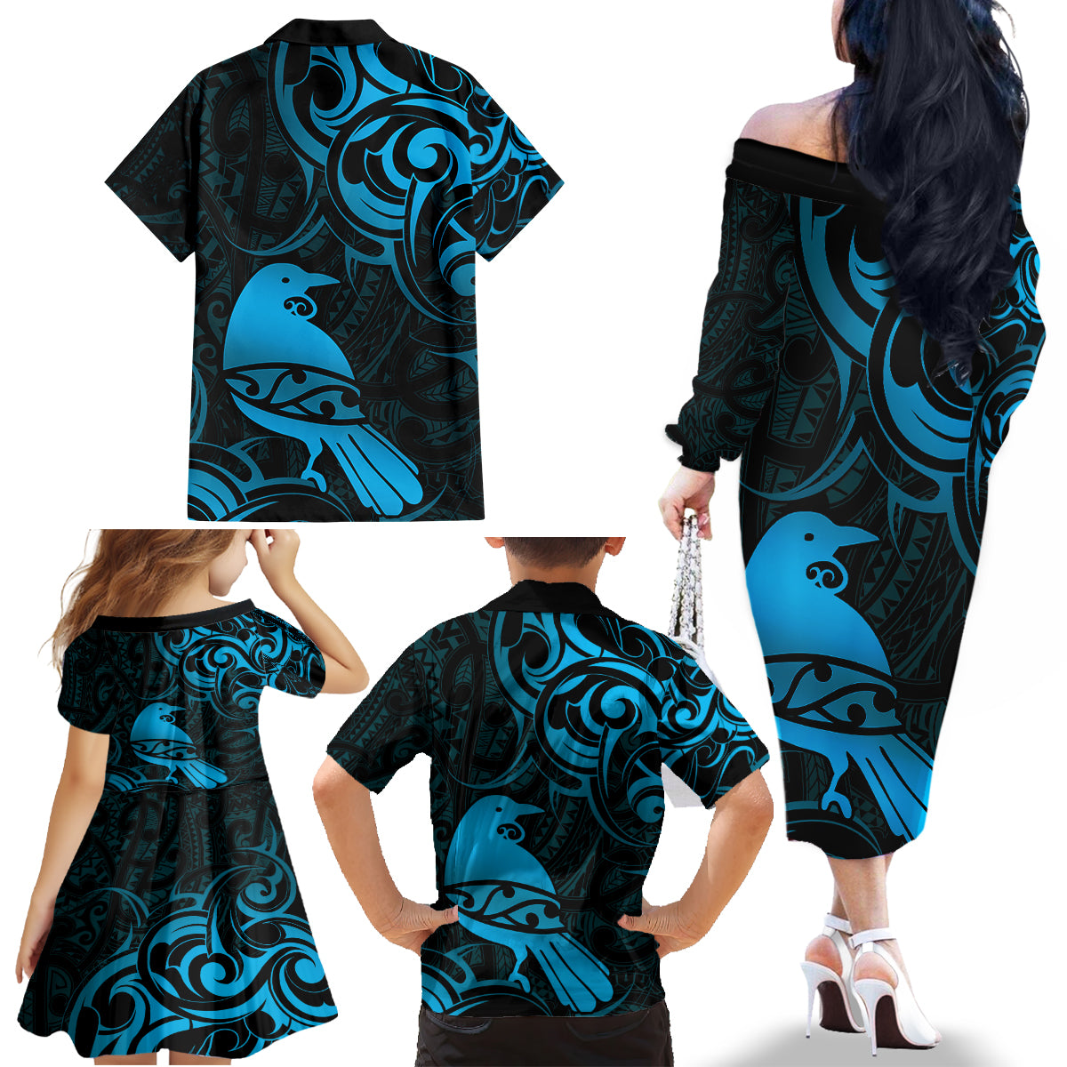 New Zealand Tui Bird Family Matching Off The Shoulder Long Sleeve Dress and Hawaiian Shirt Aotearoa Maori Pattern - Blue LT14 - Polynesian Pride