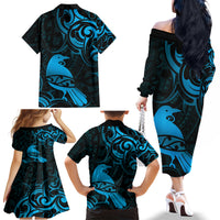 New Zealand Tui Bird Family Matching Off The Shoulder Long Sleeve Dress and Hawaiian Shirt Aotearoa Maori Pattern - Blue LT14 - Polynesian Pride
