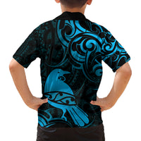 New Zealand Tui Bird Family Matching Off Shoulder Maxi Dress and Hawaiian Shirt Aotearoa Maori Pattern - Blue LT14 - Polynesian Pride