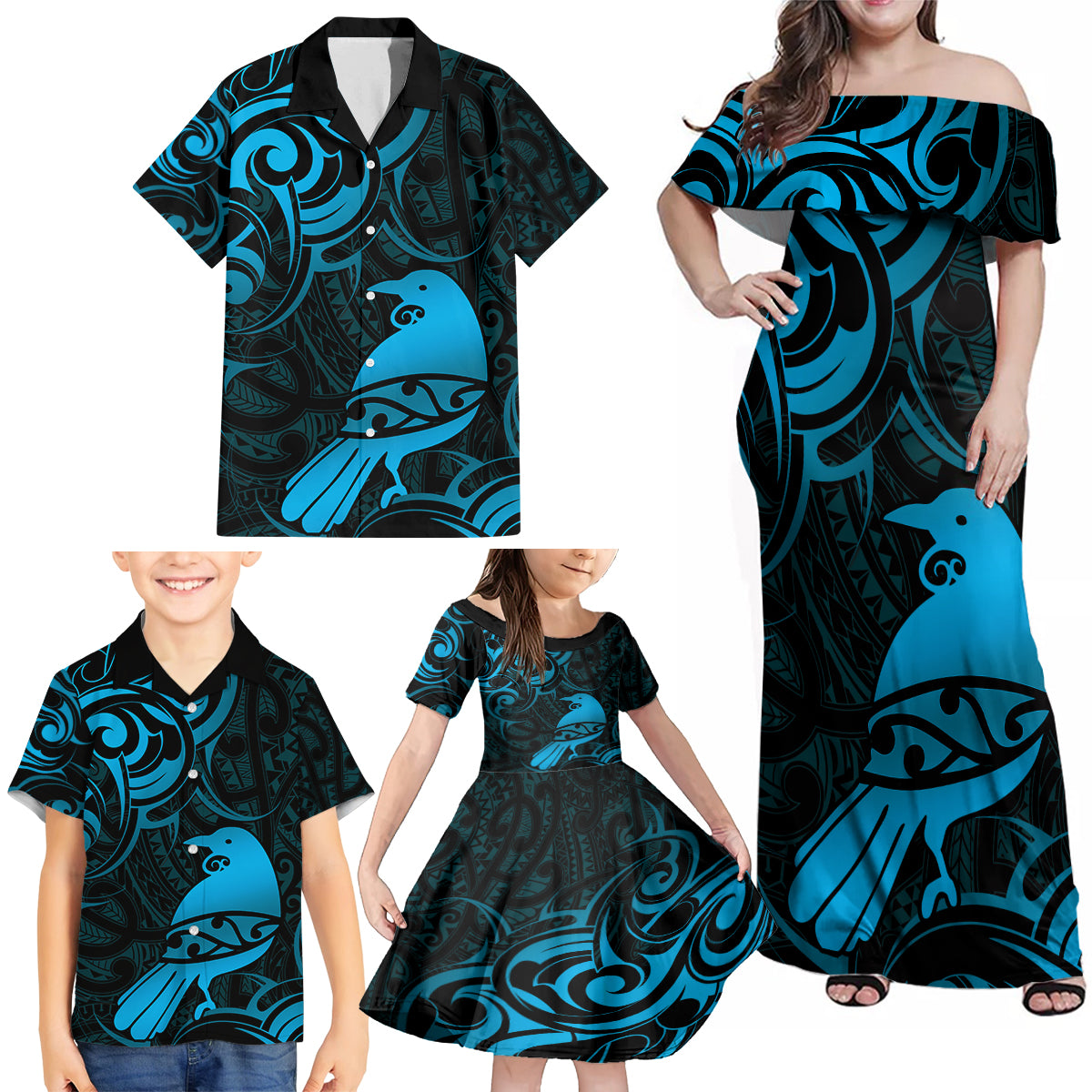 New Zealand Tui Bird Family Matching Off Shoulder Maxi Dress and Hawaiian Shirt Aotearoa Maori Pattern - Blue LT14 - Polynesian Pride