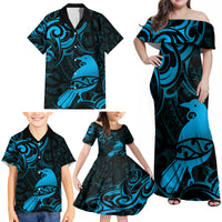 New Zealand Tui Bird Family Matching Off Shoulder Maxi Dress and Hawaiian Shirt Aotearoa Maori Pattern - Blue LT14 - Polynesian Pride