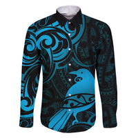 New Zealand Tui Bird Family Matching Off Shoulder Maxi Dress and Hawaiian Shirt Aotearoa Maori Pattern - Blue LT14 Dad's Shirt - Long Sleeve Blue - Polynesian Pride