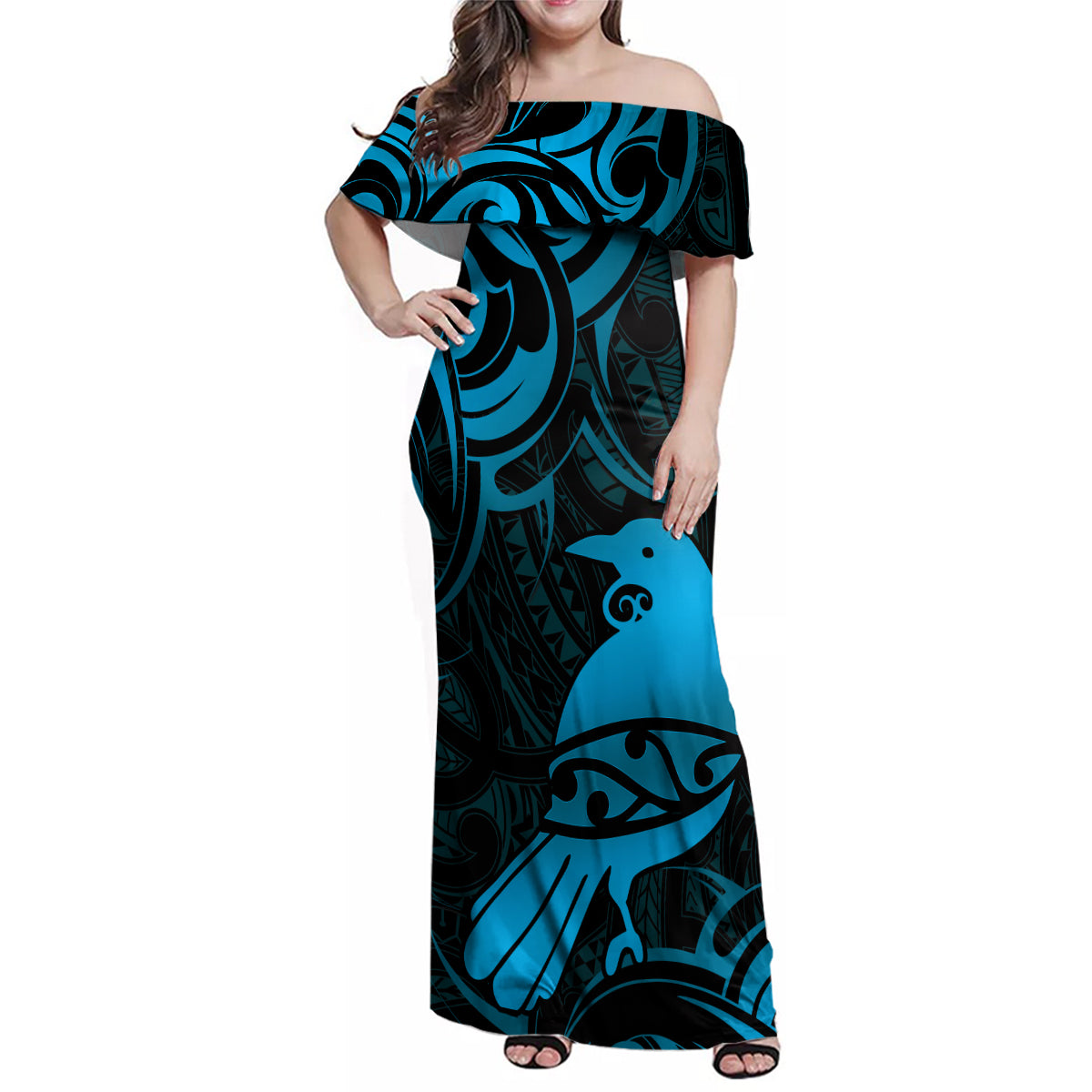 New Zealand Tui Bird Family Matching Off Shoulder Maxi Dress and Hawaiian Shirt Aotearoa Maori Pattern - Blue LT14 Mom's Dress Blue - Polynesian Pride
