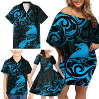 New Zealand Tui Bird Family Matching Off Shoulder Short Dress and Hawaiian Shirt Aotearoa Maori Pattern - Blue LT14 - Polynesian Pride