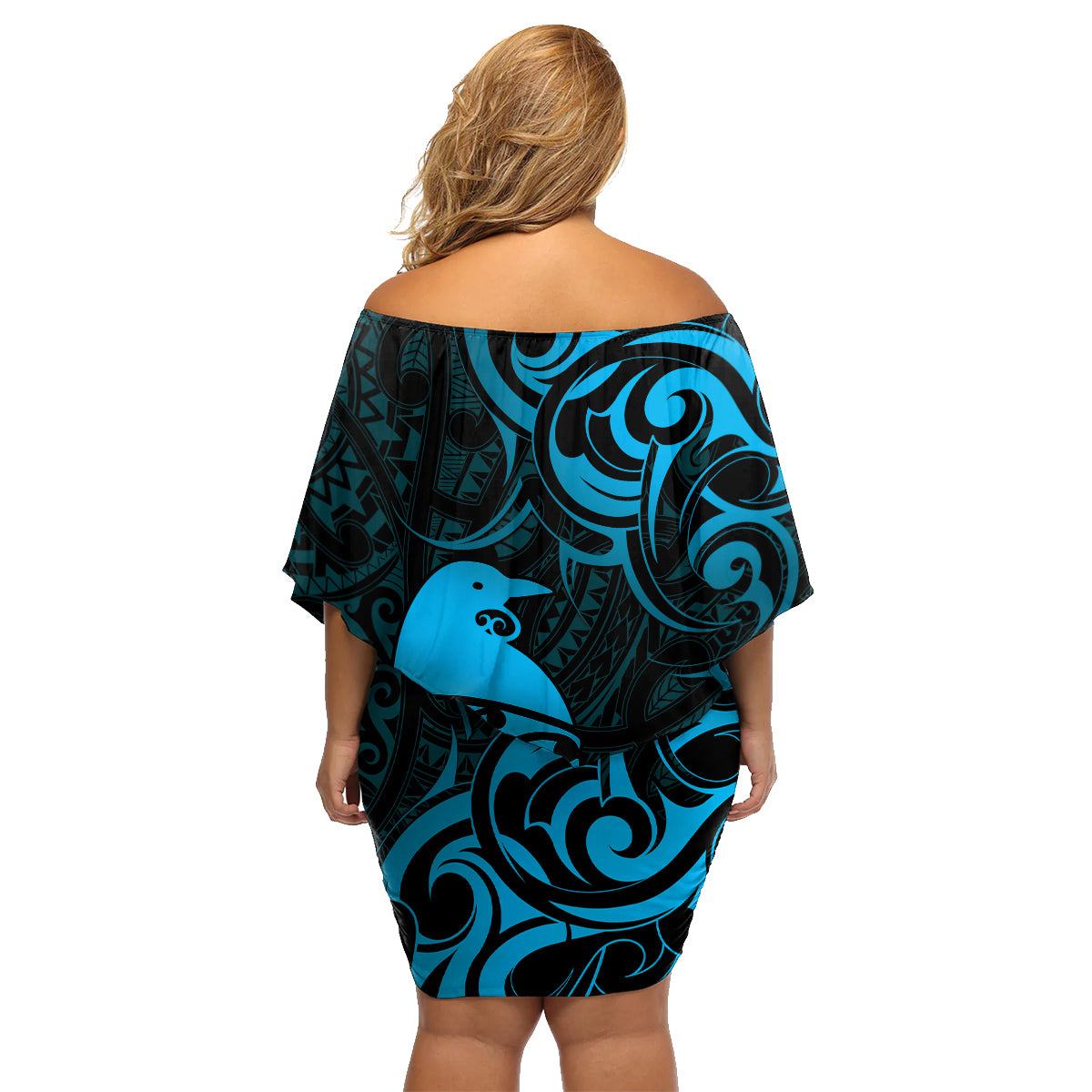New Zealand Tui Bird Family Matching Off Shoulder Short Dress and Hawaiian Shirt Aotearoa Maori Pattern - Blue LT14 - Polynesian Pride