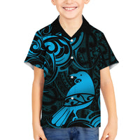 New Zealand Tui Bird Family Matching Off Shoulder Short Dress and Hawaiian Shirt Aotearoa Maori Pattern - Blue LT14 Son's Shirt Blue - Polynesian Pride
