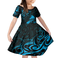New Zealand Tui Bird Family Matching Puletasi and Hawaiian Shirt Aotearoa Maori Pattern - Blue LT14 Daughter's Dress Blue - Polynesian Pride