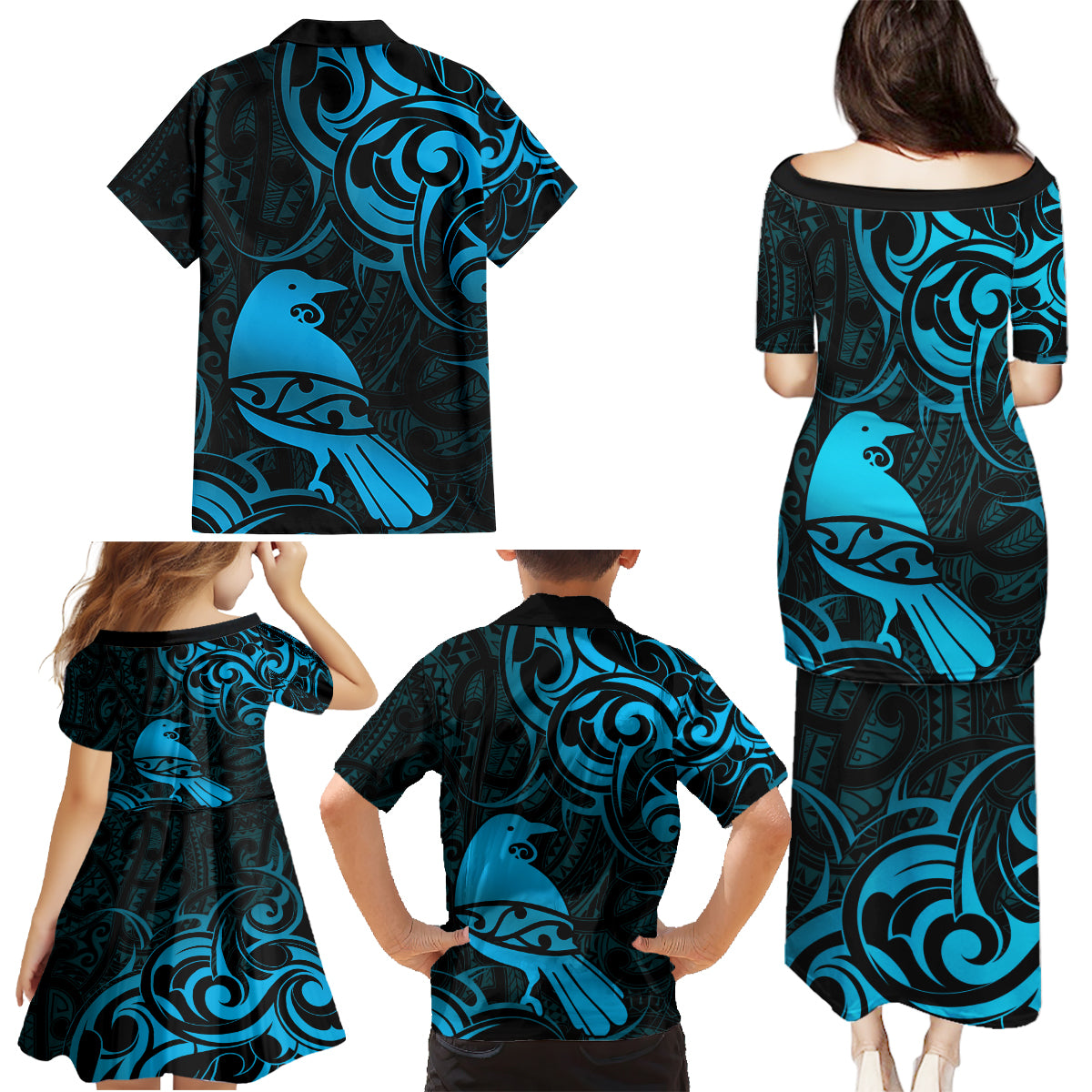 New Zealand Tui Bird Family Matching Puletasi and Hawaiian Shirt Aotearoa Maori Pattern - Blue LT14 - Polynesian Pride