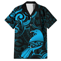New Zealand Tui Bird Family Matching Puletasi and Hawaiian Shirt Aotearoa Maori Pattern - Blue LT14 Dad's Shirt - Short Sleeve Blue - Polynesian Pride