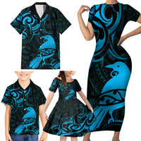 New Zealand Tui Bird Family Matching Short Sleeve Bodycon Dress and Hawaiian Shirt Aotearoa Maori Pattern - Blue LT14 - Polynesian Pride