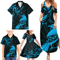 New Zealand Tui Bird Family Matching Summer Maxi Dress and Hawaiian Shirt Aotearoa Maori Pattern - Blue LT14 - Polynesian Pride