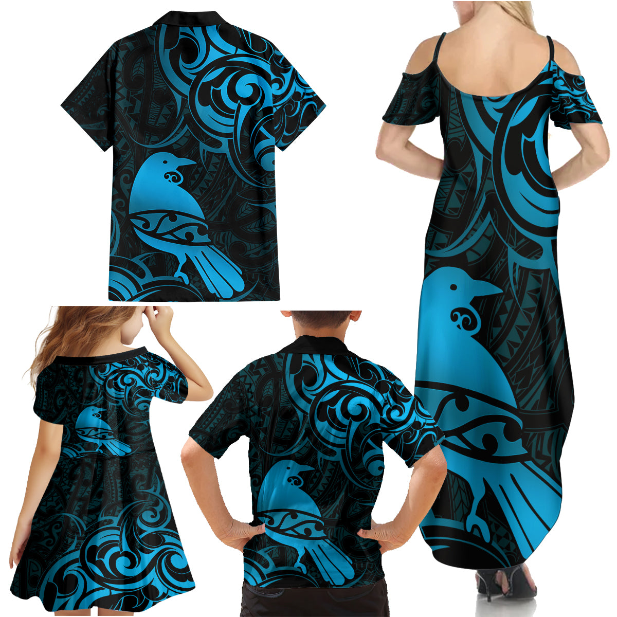 New Zealand Tui Bird Family Matching Summer Maxi Dress and Hawaiian Shirt Aotearoa Maori Pattern - Blue LT14 - Polynesian Pride