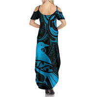 New Zealand Tui Bird Family Matching Summer Maxi Dress and Hawaiian Shirt Aotearoa Maori Pattern - Blue LT14 - Polynesian Pride