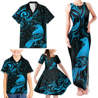 New Zealand Tui Bird Family Matching Tank Maxi Dress and Hawaiian Shirt Aotearoa Maori Pattern - Blue LT14 - Polynesian Pride