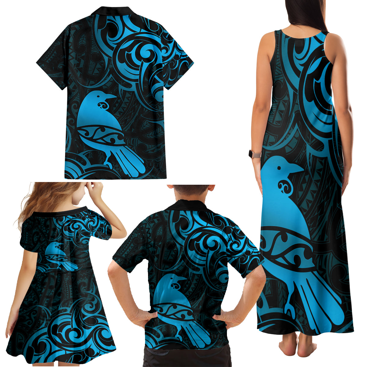 New Zealand Tui Bird Family Matching Tank Maxi Dress and Hawaiian Shirt Aotearoa Maori Pattern - Blue LT14 - Polynesian Pride