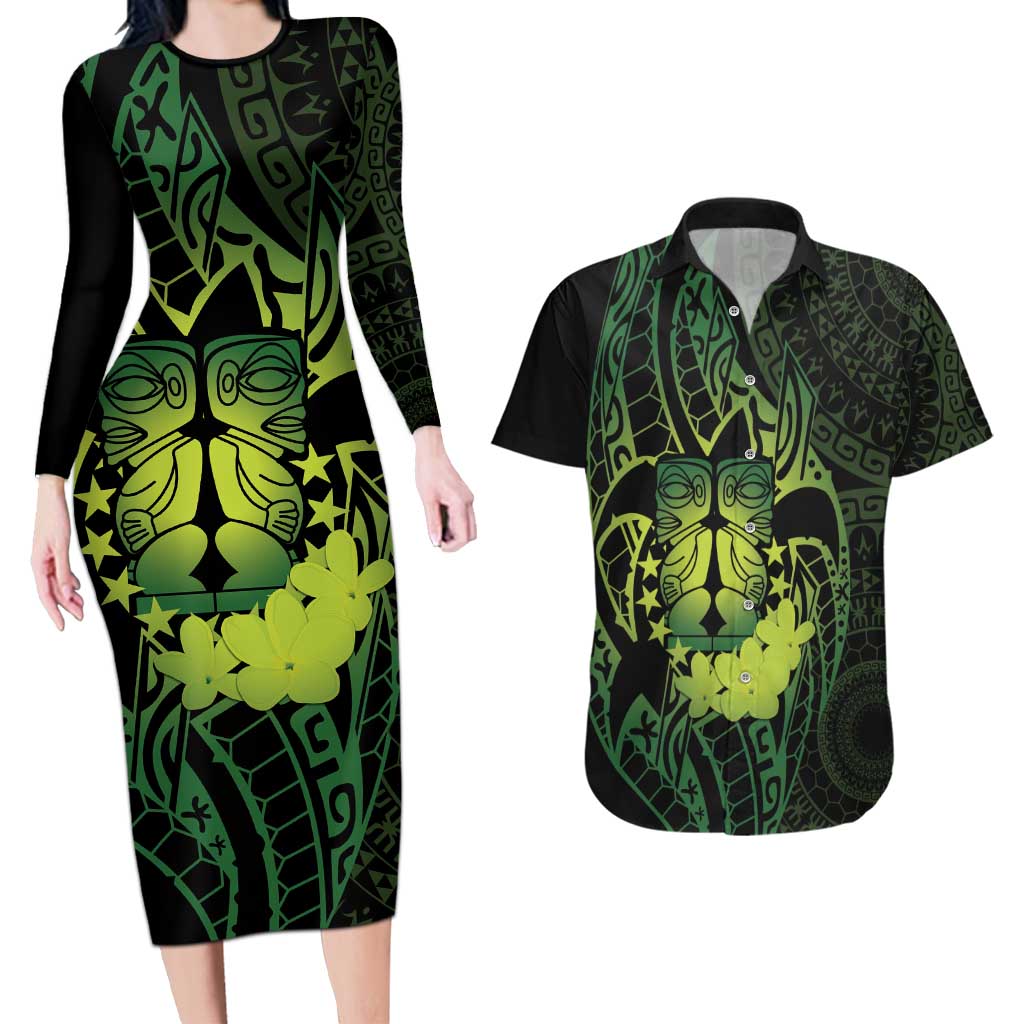 Kia Orana Kuki Airani Couples Matching Long Sleeve Bodycon Dress and Hawaiian Shirt Cook Islands Tangaroa God Tatau Green LT14 Green - Polynesian Pride